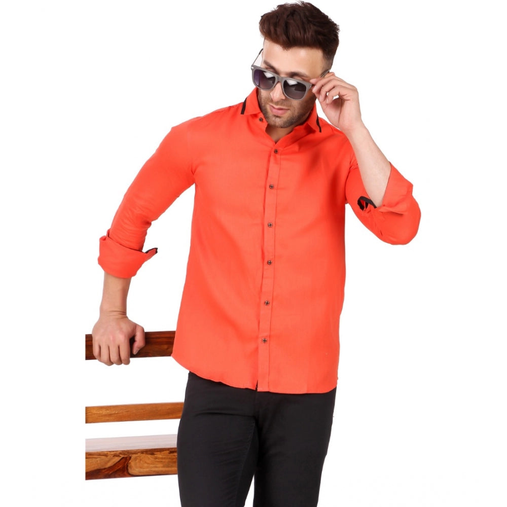 Generic Men's Pure Cotton Full Sleeve Solid Pattern Casual Shirt (Orange)