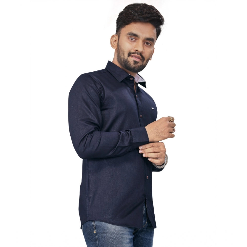 Generic Men's Cotton Blend Full Sleeve Solid Pattern Casual Shirt (Dark Blue)