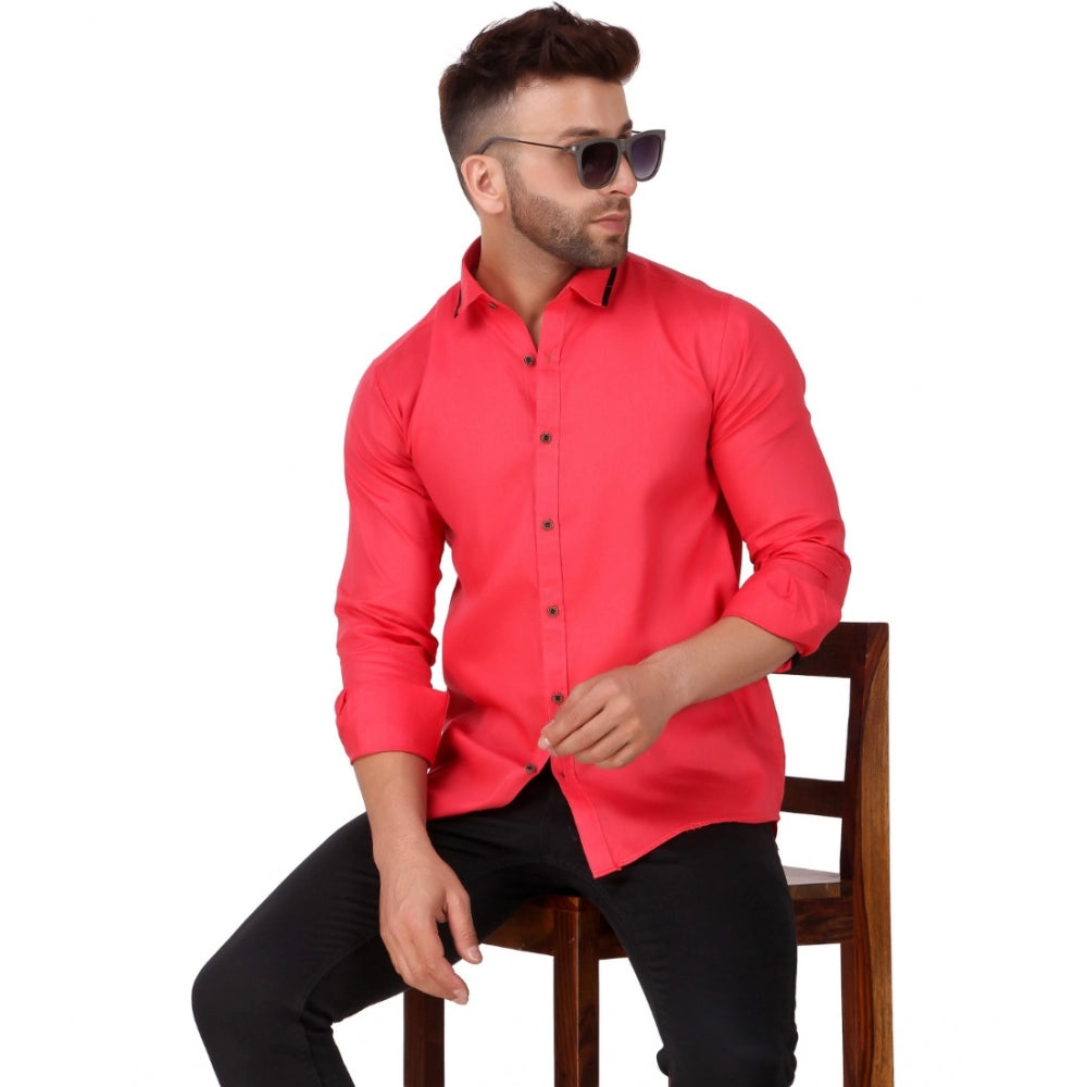 Generic Men's Pure Cotton Full Sleeve Solid Pattern Casual Shirt (Pink)