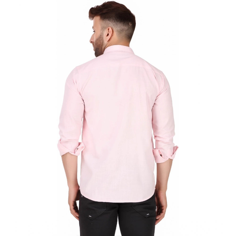 Generic Herren Freizeithemd aus reiner Baumwolle mit langen Ärmeln und einfarbigem Muster (Rosa)