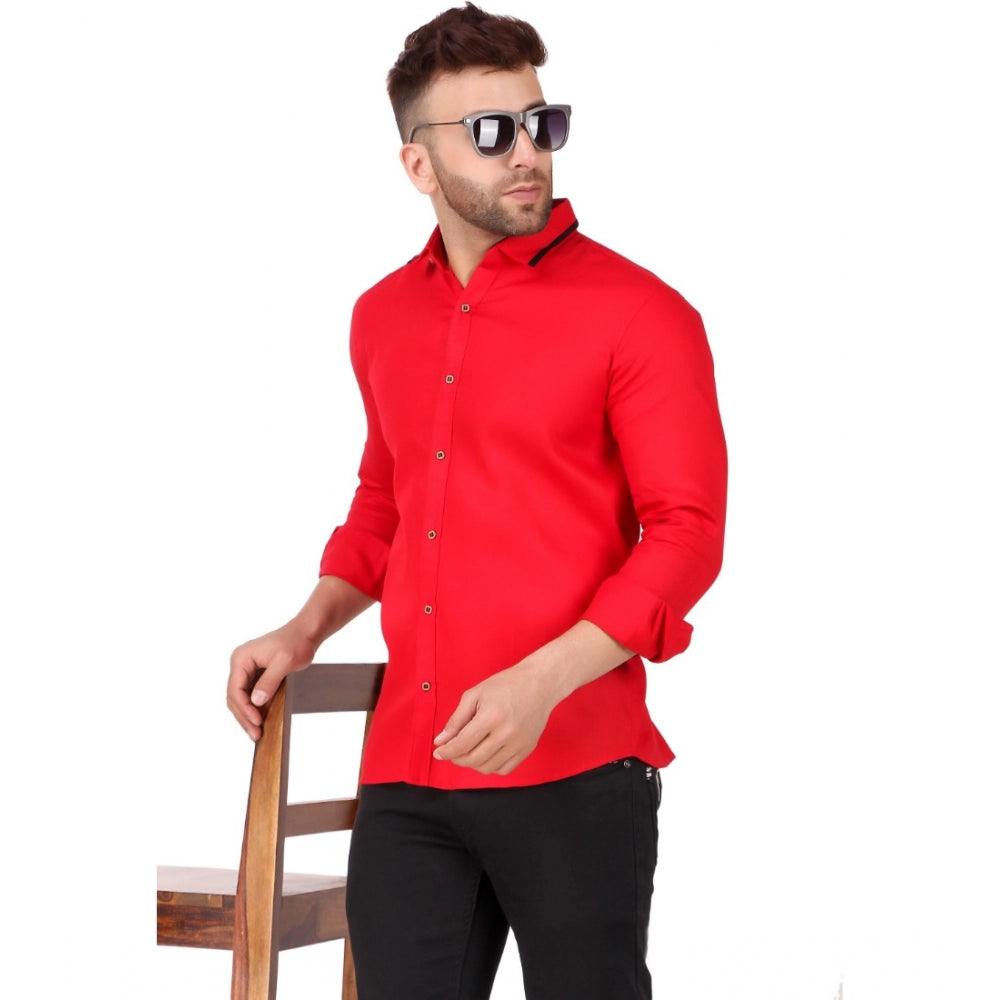 Generic Men's Pure Cotton Full Sleeve Solid Pattern Casual Shirt (Red)