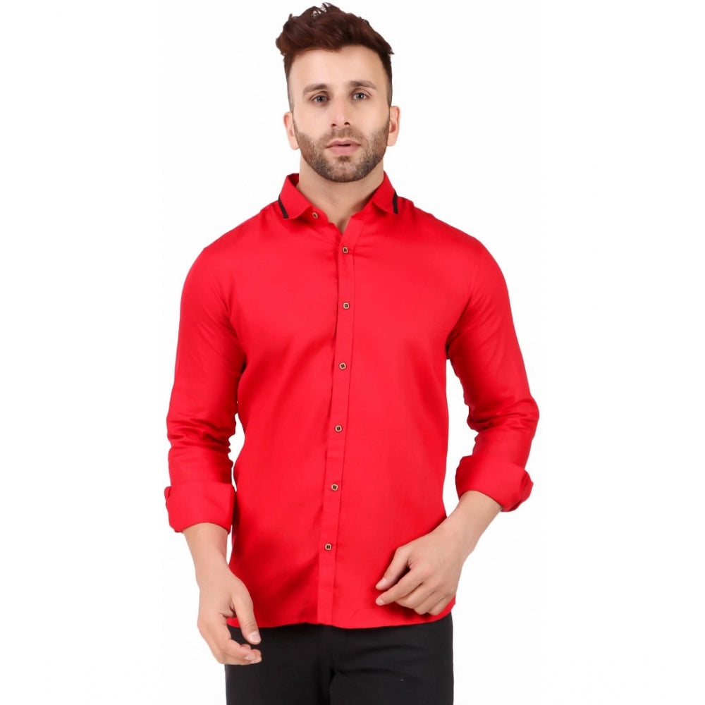 Generic Men's Pure Cotton Full Sleeve Solid Pattern Casual Shirt (Red)