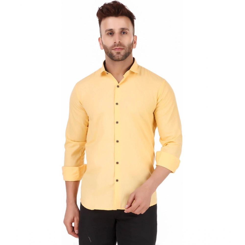 Generic Men's Pure Cotton Full Sleeve Solid Pattern Casual Shirt (Yellow)