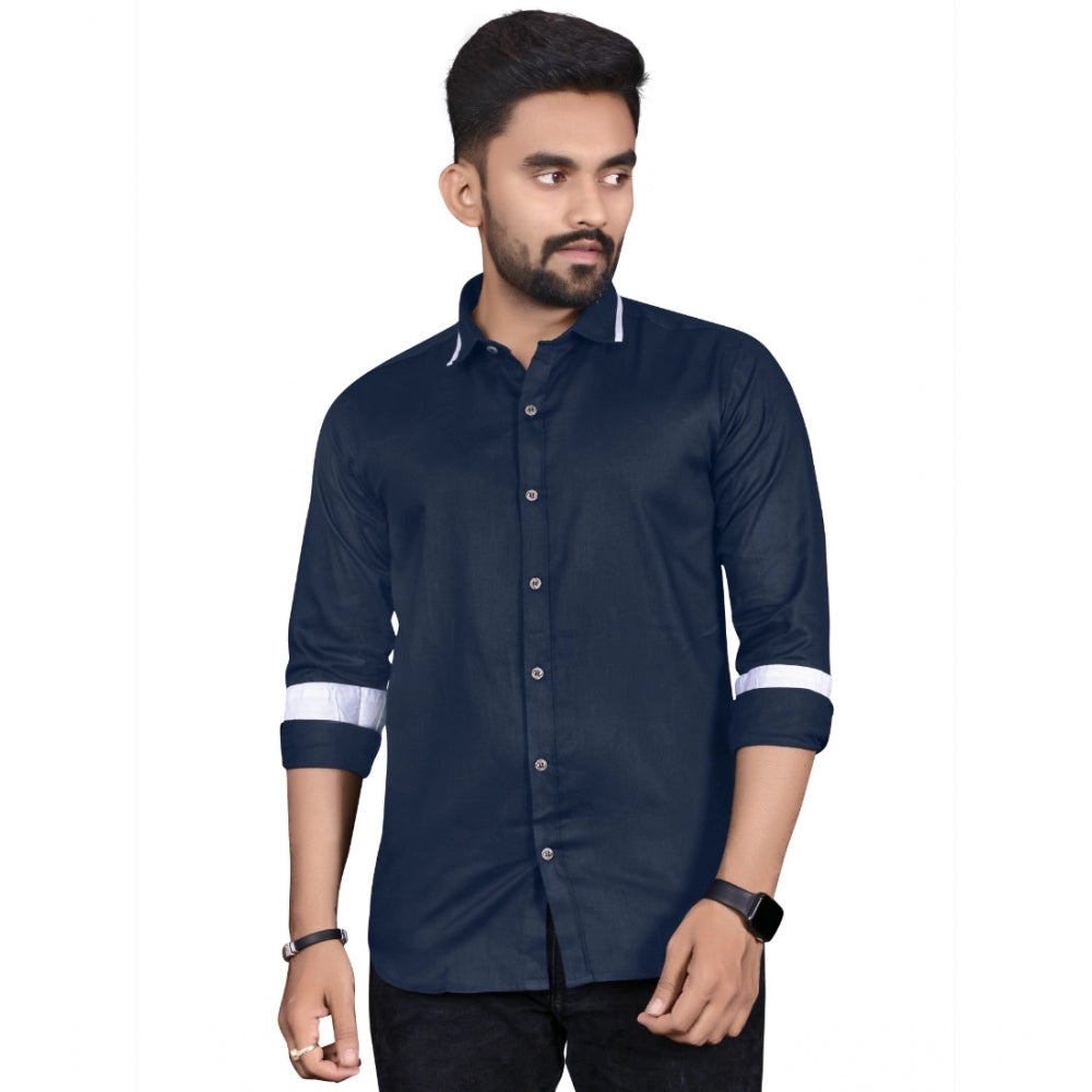 Generic Men's Cotton Blend Full Sleeve Solid Pattern Casual Shirt (Dark Blue)