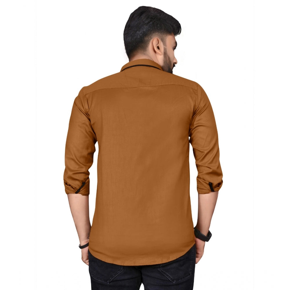 Generic Men's Cotton Blend Full Sleeve Solid Pattern Casual Shirt (Brown)