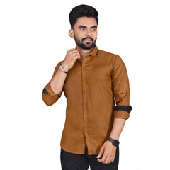 Generic Men's Cotton Blend Full Sleeve Solid Pattern Casual Shirt (Brown)