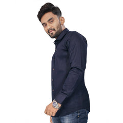 Generic Men's Cotton Blend Full Sleeve Solid Pattern Casual Shirt (Dark Blue)