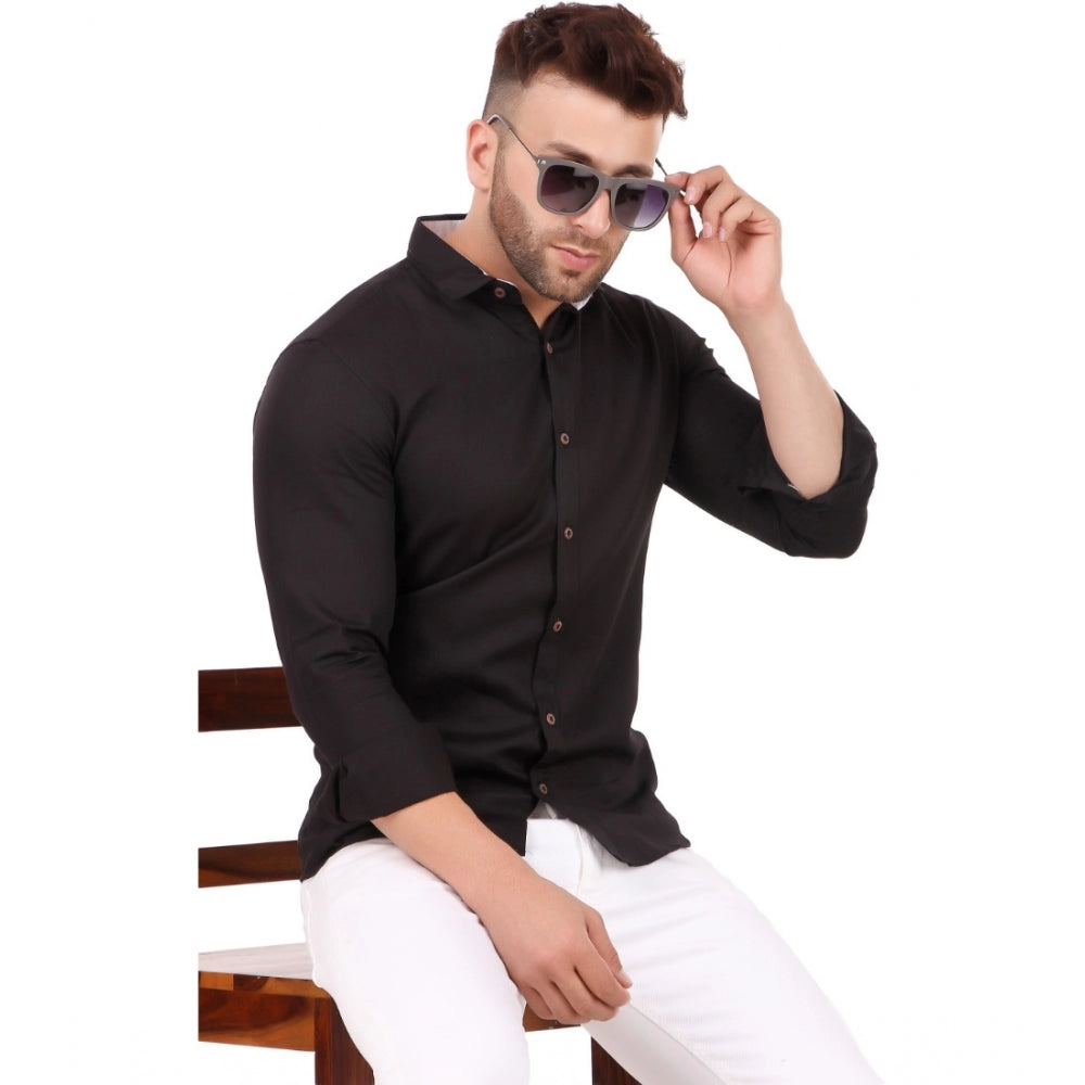 Generic Men's Pure Cotton Full Sleeve Solid Pattern Casual Shirt (Black)