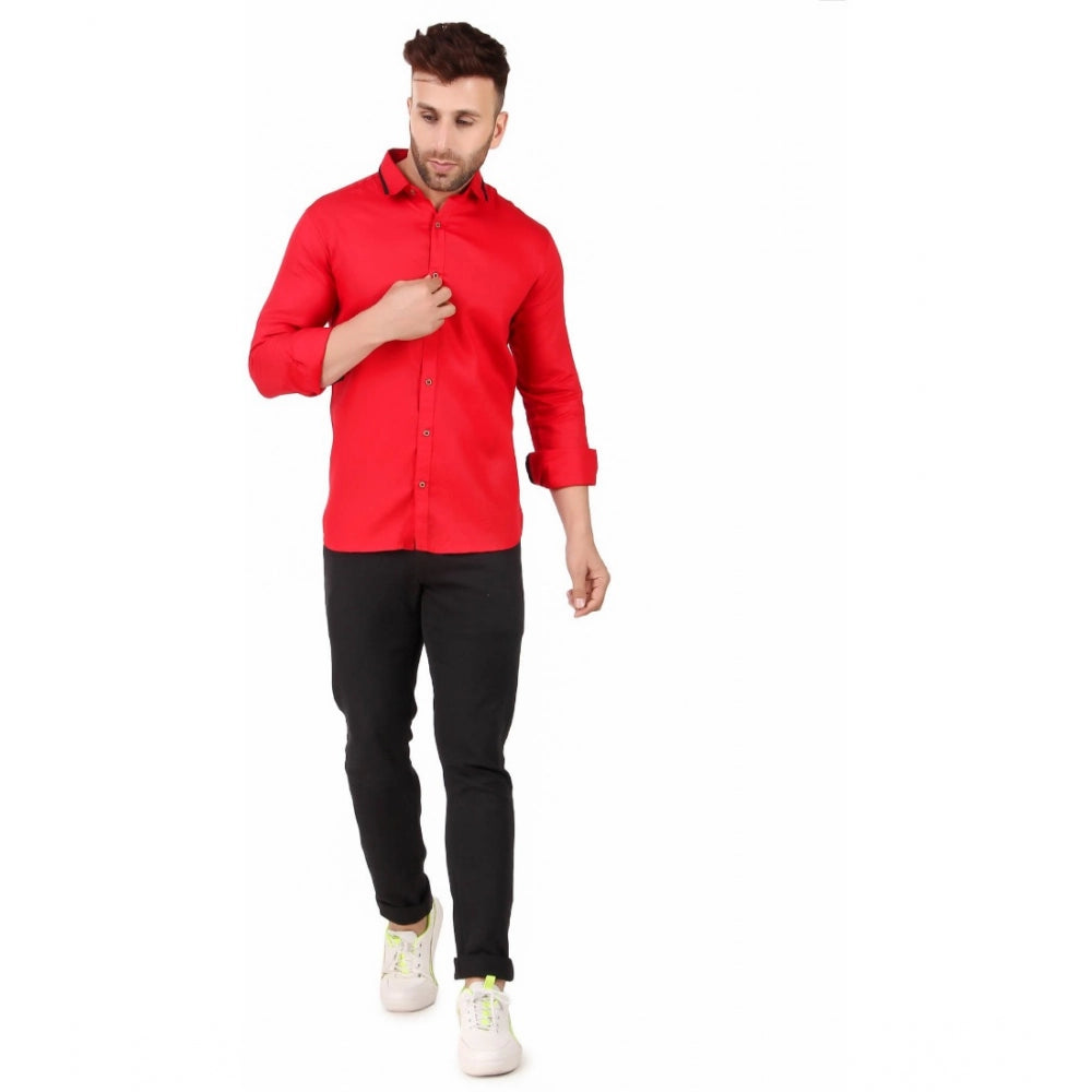 Generic Men's Pure Cotton Full Sleeve Solid Pattern Casual Shirt (Red)