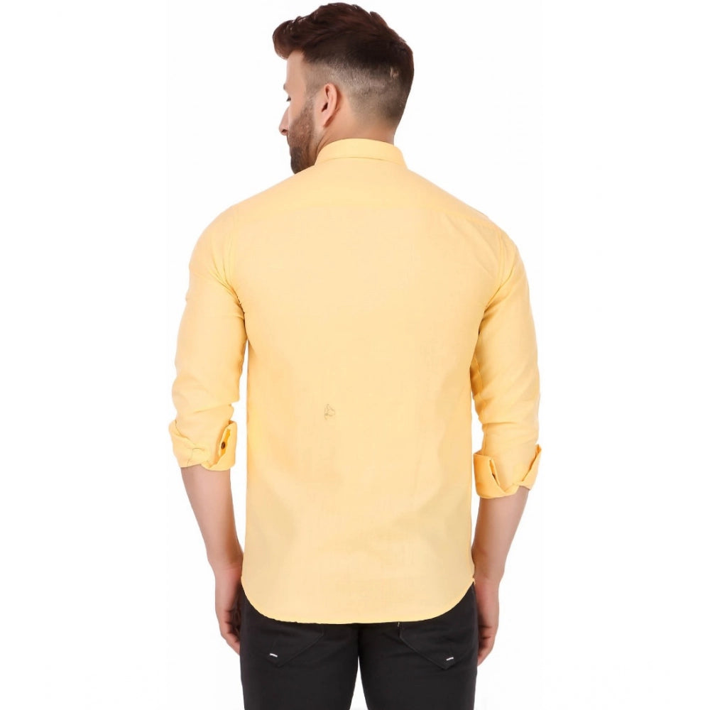 Generic Men's Pure Cotton Full Sleeve Solid Pattern Casual Shirt (Yellow)