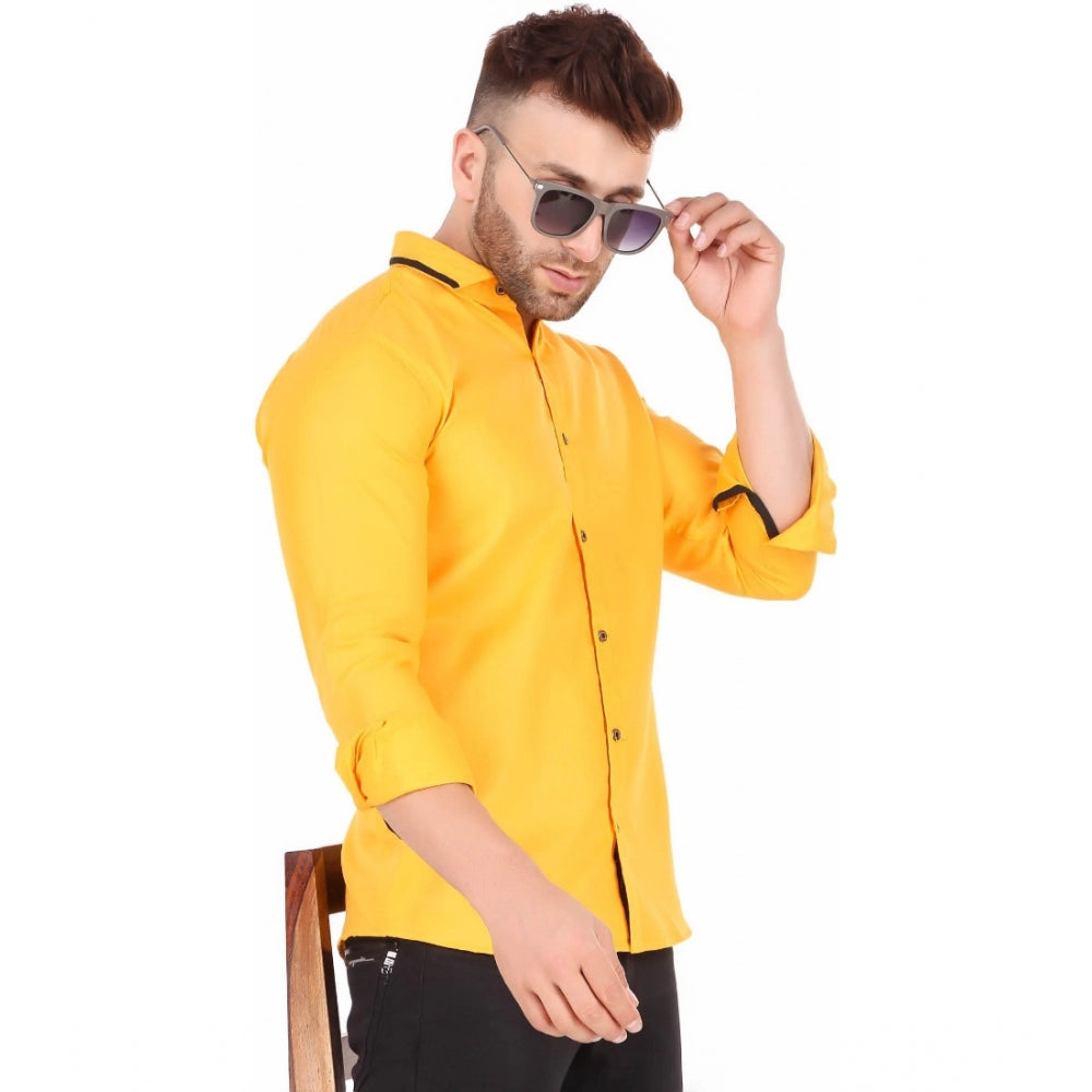 Generic Men's Pure Cotton Full Sleeve Solid Pattern Casual Shirt (Yellow)