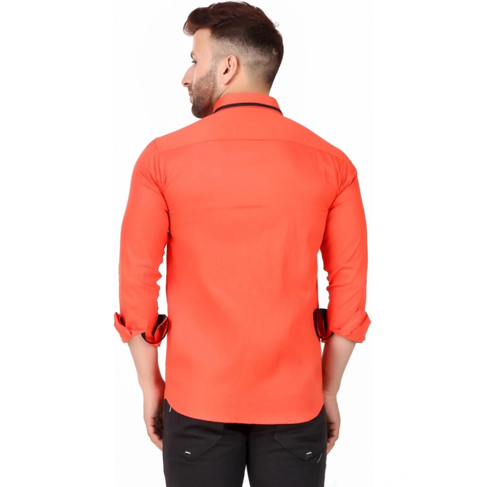 Generic Herren Freizeithemd aus reiner Baumwolle mit langen Ärmeln und einfarbigem Muster (Orange)