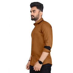 Generic Men's Cotton Blend Full Sleeve Solid Pattern Casual Shirt (Brown)