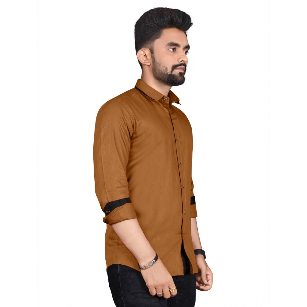 Generic Men's Cotton Blend Full Sleeve Solid Pattern Casual Shirt (Brown)