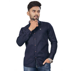 Generic Men's Cotton Blend Full Sleeve Solid Pattern Casual Shirt (Dark Blue)