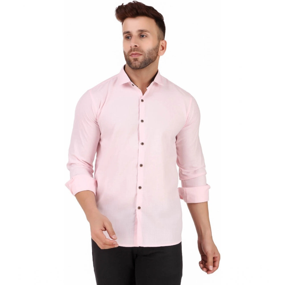 Generic Men's Pure Cotton Full Sleeve Solid Pattern Casual Shirt (Pink)