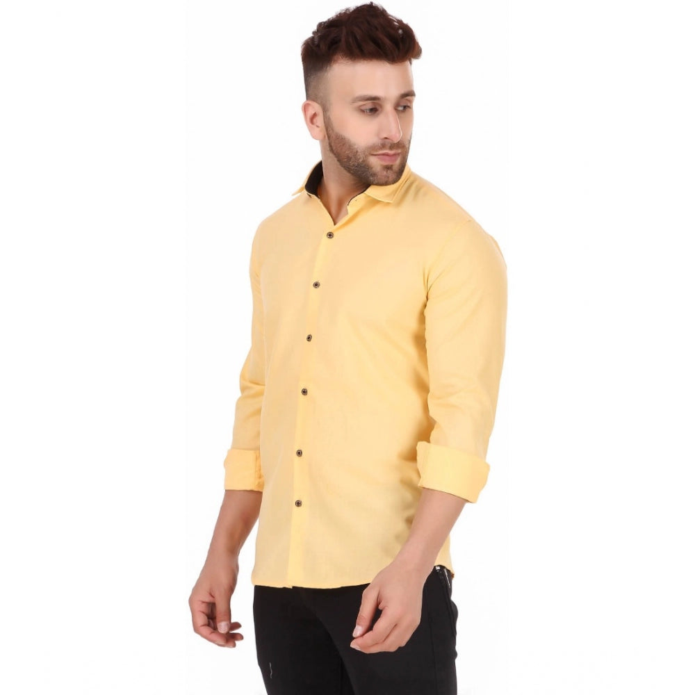 Generic Men's Pure Cotton Full Sleeve Solid Pattern Casual Shirt (Yellow)