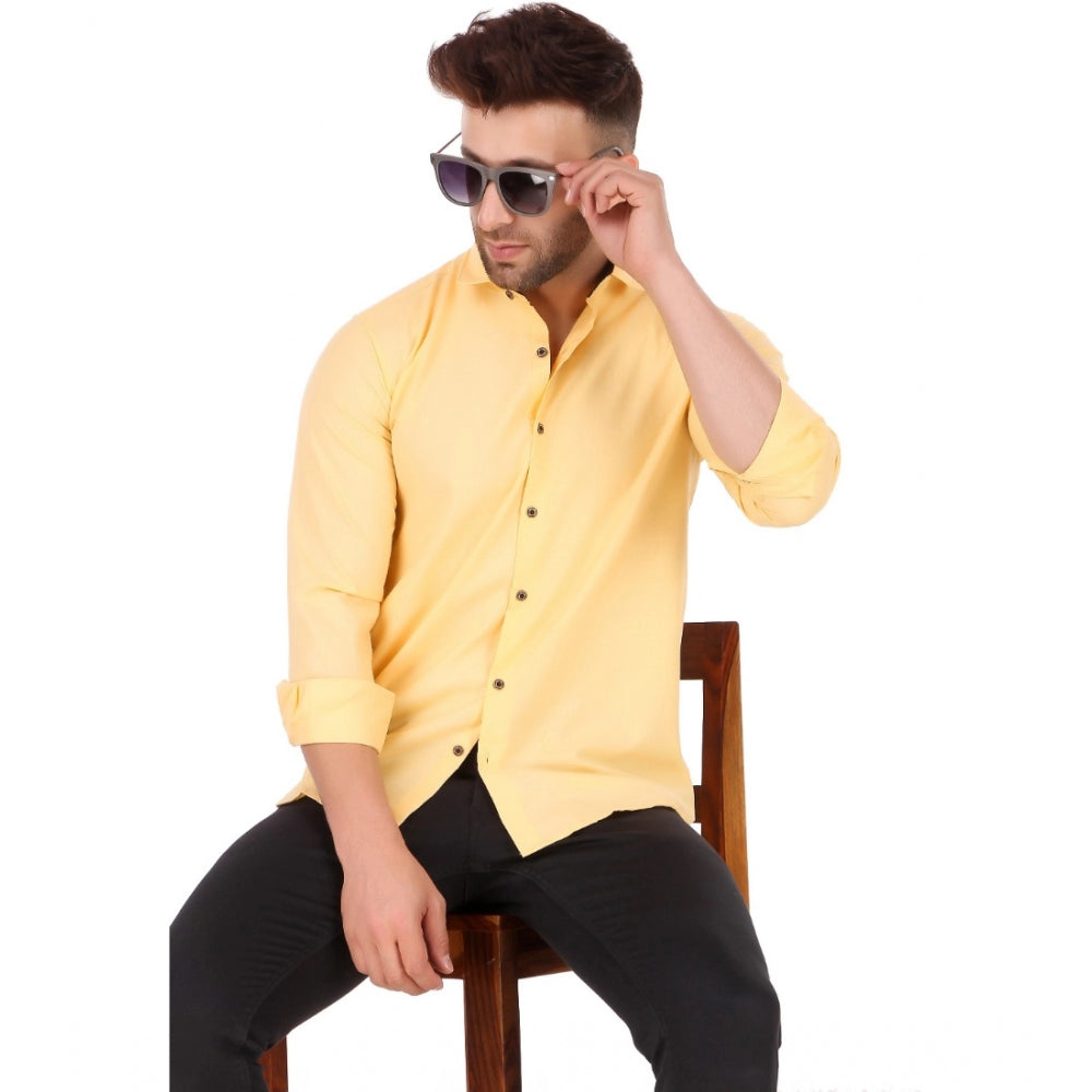 Generic Men's Pure Cotton Full Sleeve Solid Pattern Casual Shirt (Yellow)