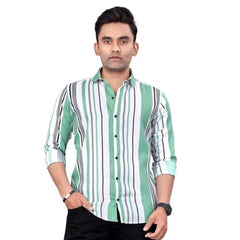 Generic Men's Pure Cotton Full Sleeve Striped Pattern Casual Shirt (Green)