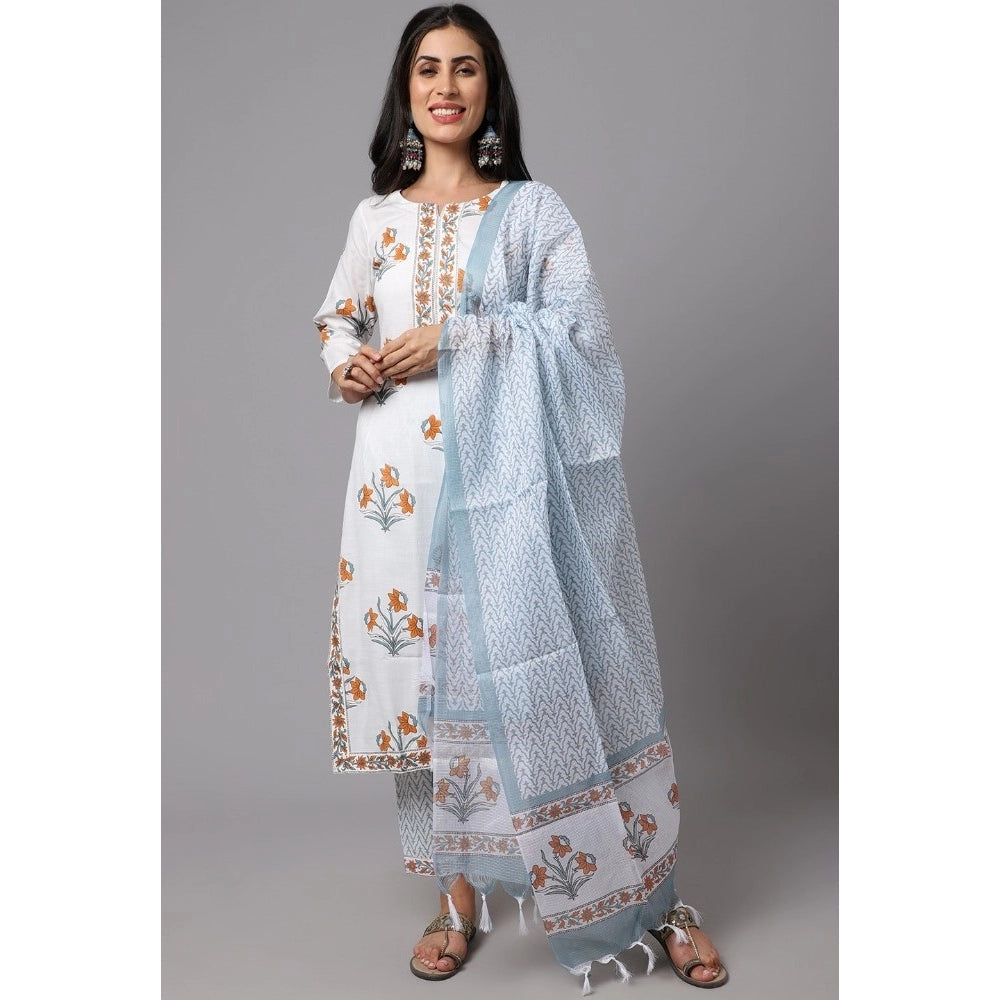 Generic Women's Cotton Blend Printed Work Kurti With Bottom And Dupatta Set (Ligtht Blue)