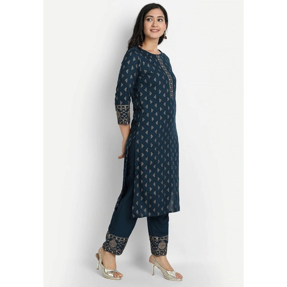 Generic Women's Cotton Blend Printed Work Kurti With Bottom And Dupatta Set (Blue)