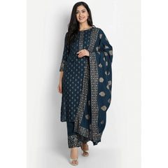 Generic Women's Cotton Blend Printed Work Kurti With Bottom And Dupatta Set (Blue)