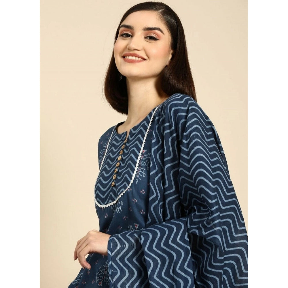 Generisches Kurti-Set aus bedruckter Baumwollmischung für Damen mit Unterteil und Dupatta (blau)