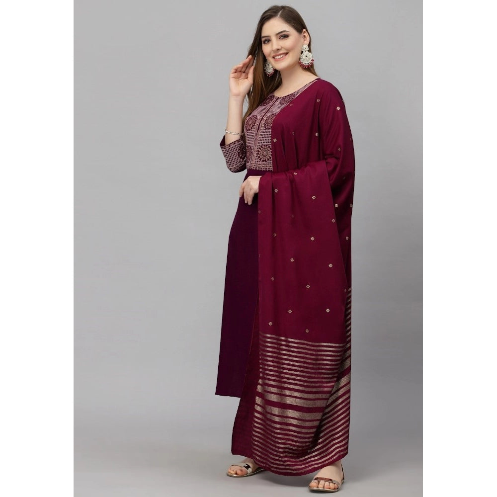 Generic Women's Cotton Blend Printed Work Kurti With Bottom And Dupatta Set (Maroon)