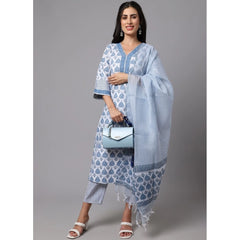 Generic Women's Cotton Blend Printed Work Kurti With Bottom And Dupatta Set (Ligtht Blue)