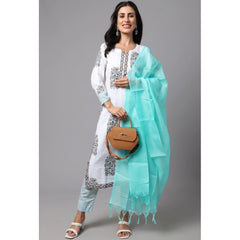 Generic Women's Cotton Blend Printed Work Kurti With Bottom And Dupatta Set (White)