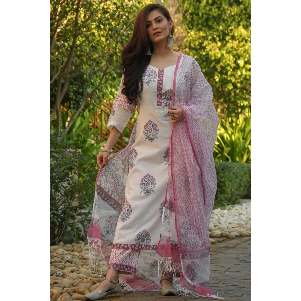 Generic Women's Cotton Blend Printed Work Kurti With Bottom And Dupatta Set (Pink)