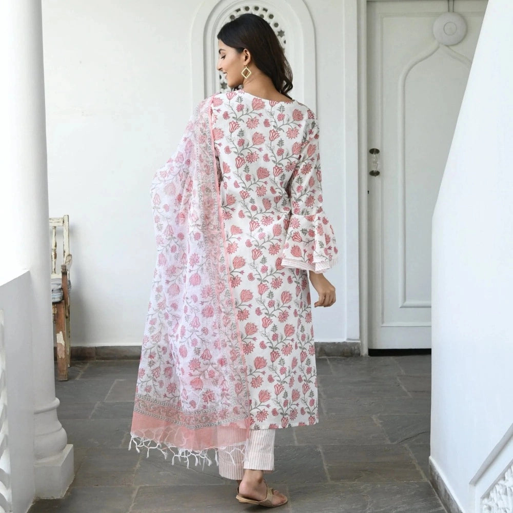 Generisches Kurti-Set aus bedruckter Baumwollmischung für Damen mit Unterteil und Dupatta (Pink)