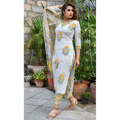 Generic Women's Cotton Blend Printed Work Kurti With Bottom And Dupatta Set (Yellow)