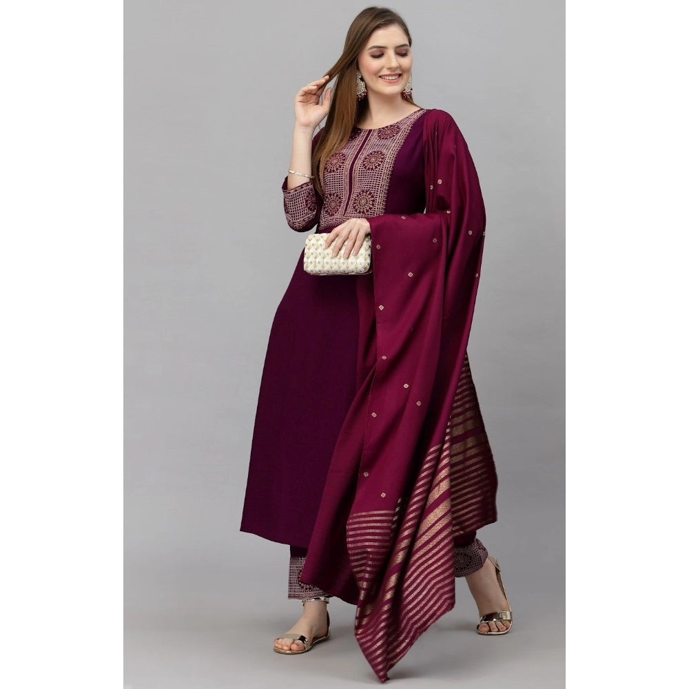 Generic Women's Cotton Blend Printed Work Kurti With Bottom And Dupatta Set (Maroon)