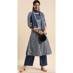 Generic Women's Cotton Blend Printed Work Kurti With Bottom And Dupatta Set (Blue)