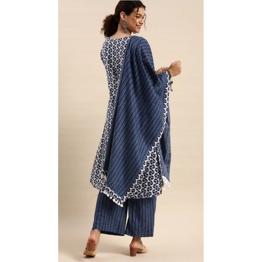 Generisches Kurti-Set aus bedruckter Baumwollmischung für Damen mit Unterteil und Dupatta (blau)