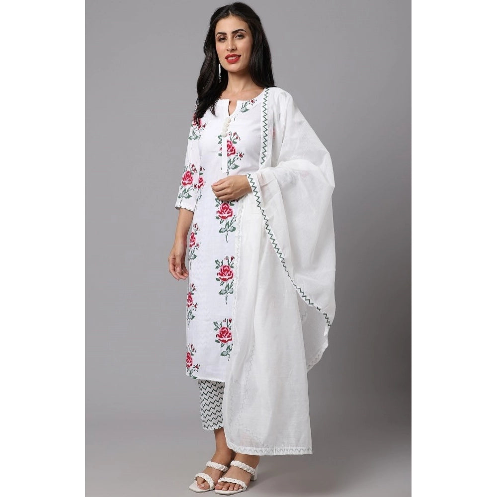 Generic Women's Cotton Blend Printed Work Kurti With Bottom And Dupatta Set (White)