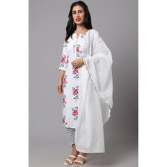 Generic Women's Cotton Blend Printed Work Kurti With Bottom And Dupatta Set (White)