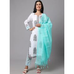 Generic Women's Cotton Blend Printed Work Kurti With Bottom And Dupatta Set (White)