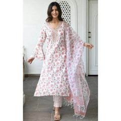 Generic Women's Cotton Blend Printed Work Kurti With Bottom And Dupatta Set (Pink)