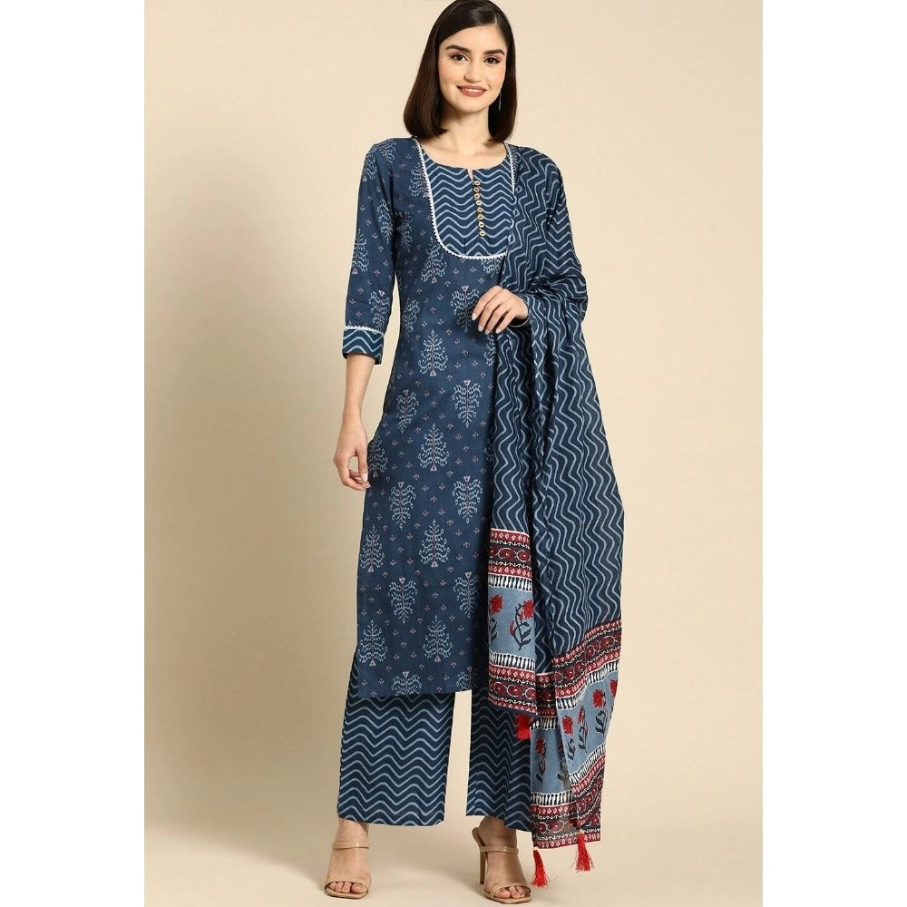 Generic Women's Cotton Blend Printed Work Kurti With Bottom And Dupatta Set (Blue)