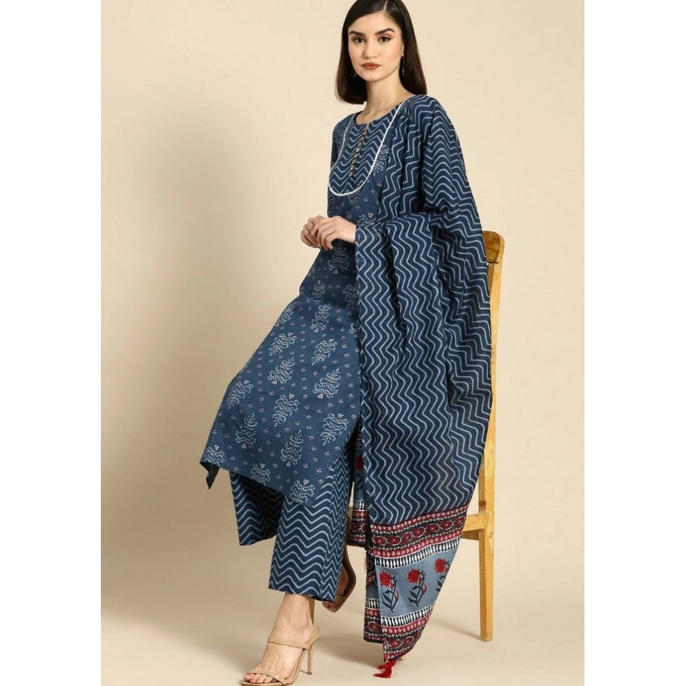 Generic Women's Cotton Blend Printed Work Kurti With Bottom And Dupatta Set (Blue)