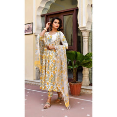 Generic Women's Cotton Blend Printed Work Kurti With Bottom And Dupatta Set (Yellow)