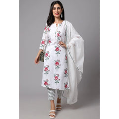 Generic Women's Cotton Blend Printed Work Kurti With Bottom And Dupatta Set (White)