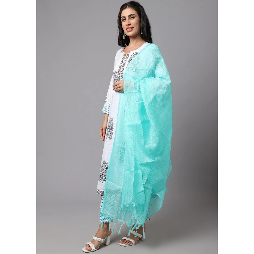 Generisches Kurti-Set aus bedruckter Baumwollmischung für Damen mit Unterteil und Dupatta (Hellblau)