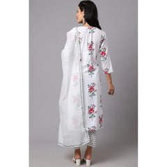 Generic Women's Cotton Blend Printed Work Kurti With Bottom And Dupatta Set (White)