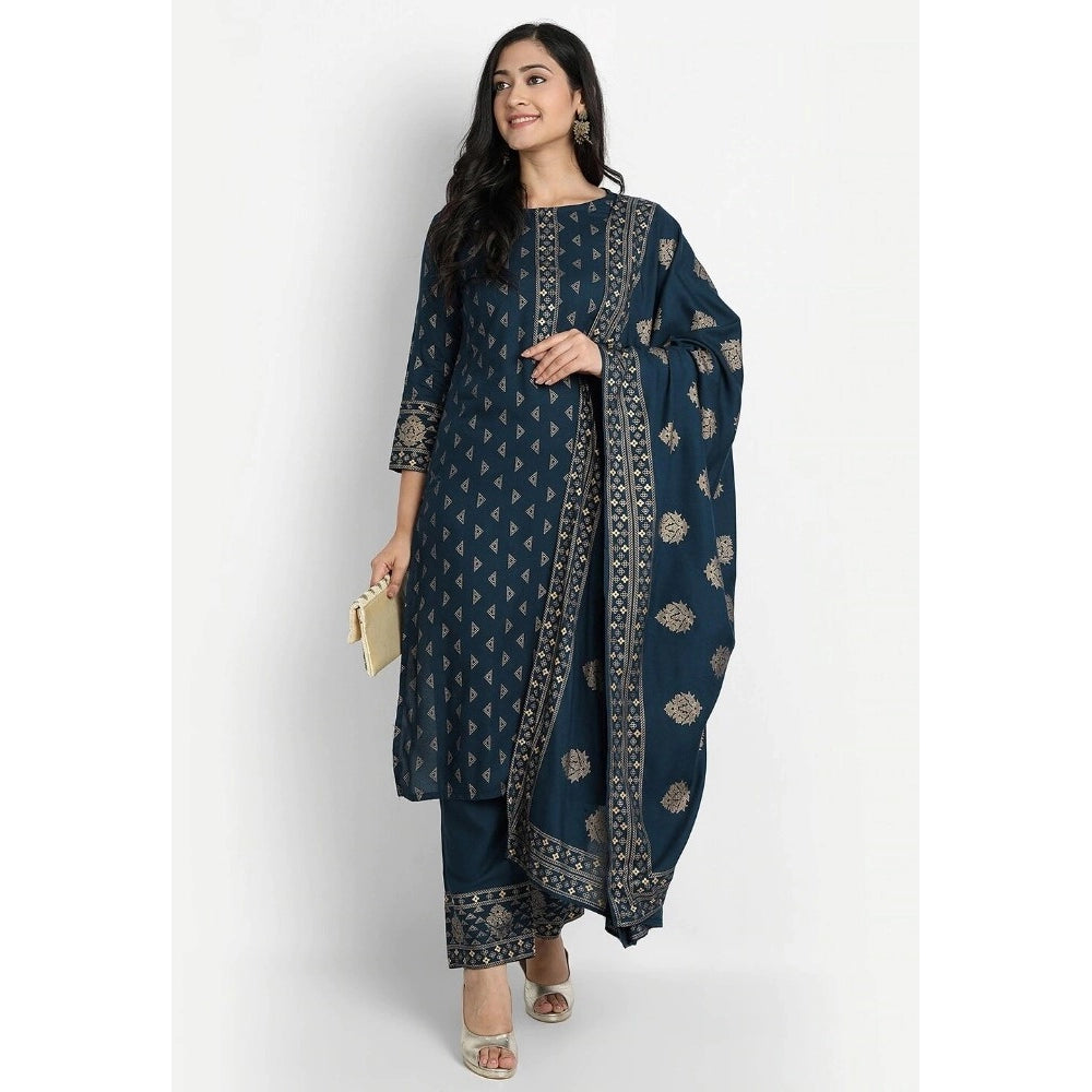 Generic Women's Cotton Blend Printed Work Kurti With Bottom And Dupatta Set (Blue)