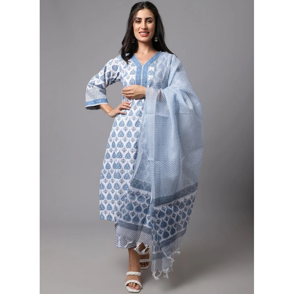 Generisches Kurti-Set aus bedruckter Baumwollmischung für Damen mit Unterteil und Dupatta (Hellblau)