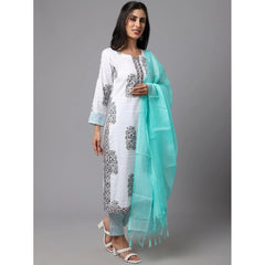 Generic Women's Cotton Blend Printed Work Kurti With Bottom And Dupatta Set (White)