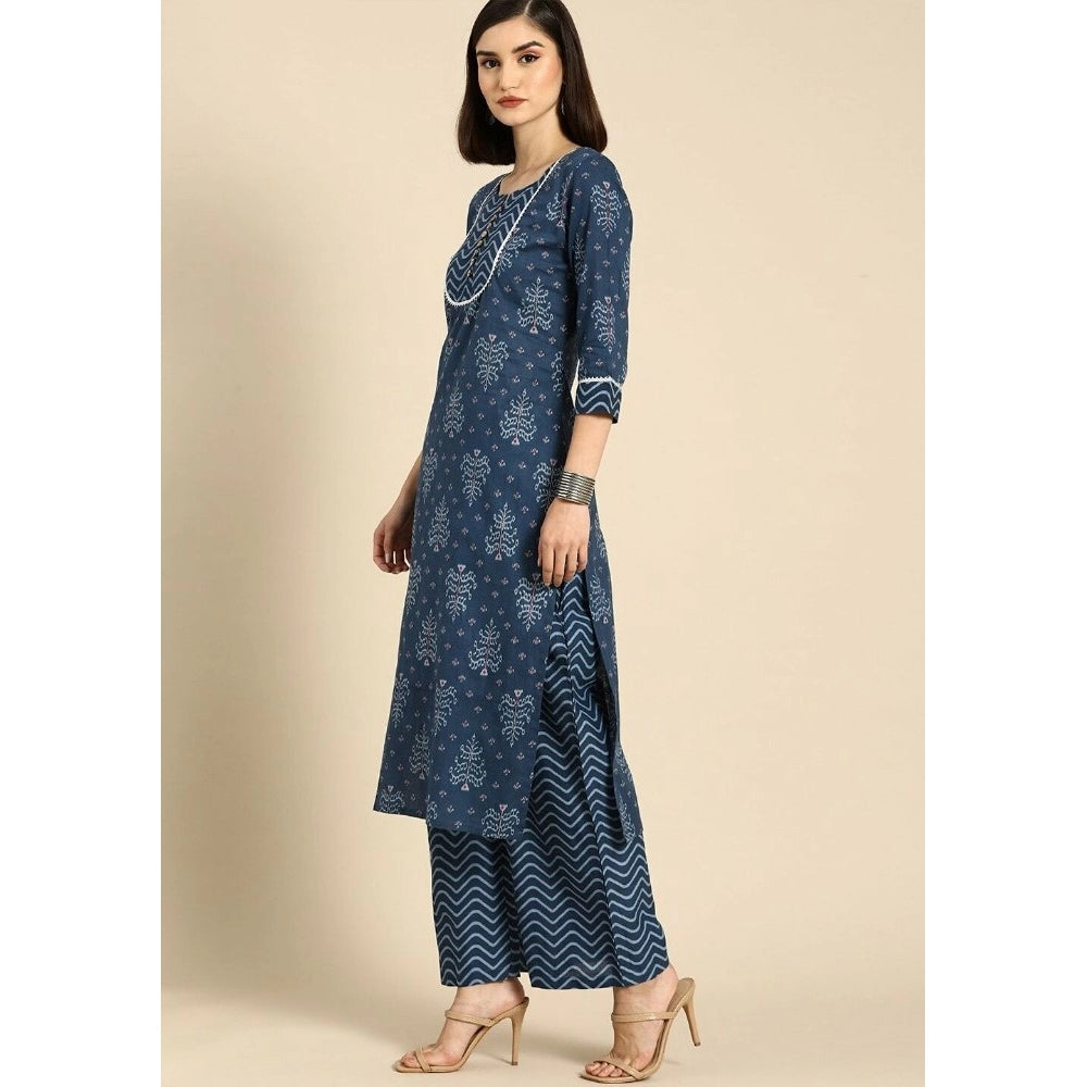 Generic Women's Cotton Blend Printed Work Kurti With Bottom And Dupatta Set (Blue)